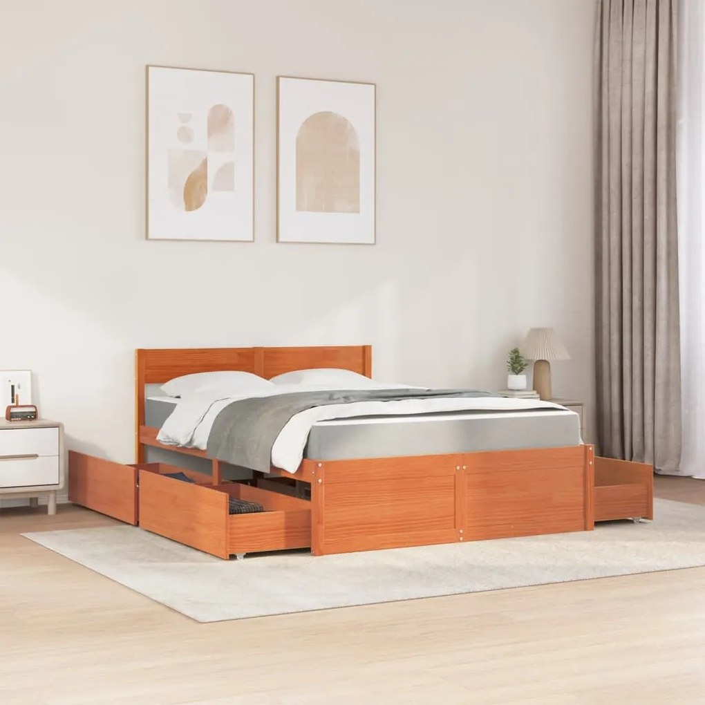 Cama com gavetas e colchão 120x200 cm pinho maciço castanho-mel