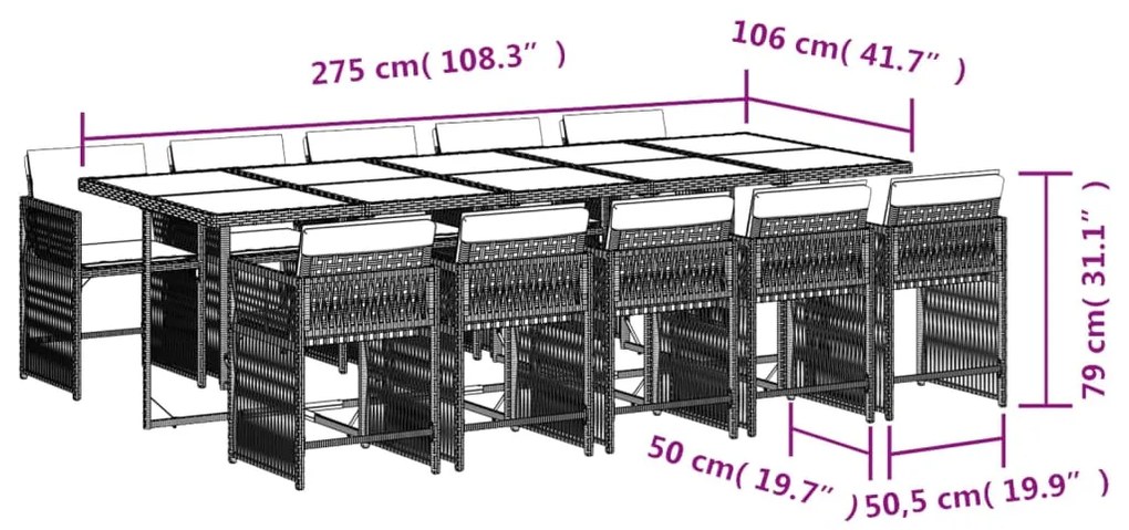 11 pcs conjunto de jantar p/ jardim com almofadões vime PE bege