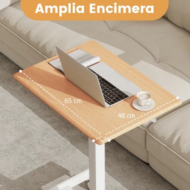 Secretária elevável com pés móveis e altura ajustável, 4 rodas giratórias, base em forma de H para escritório, 65 x 48 x 74,5-108,5 cm, natural