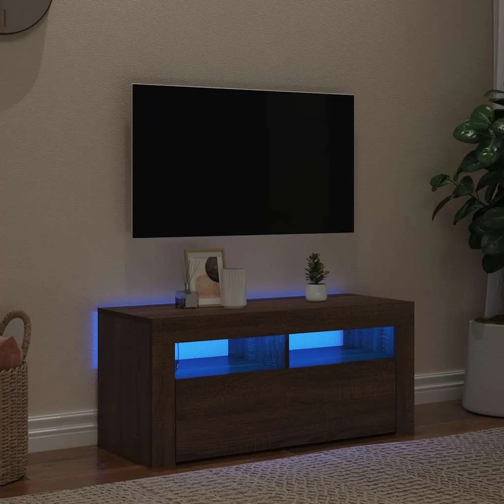 Móvel de TV com luzes LED 90x35x40 cm carvalho castanho