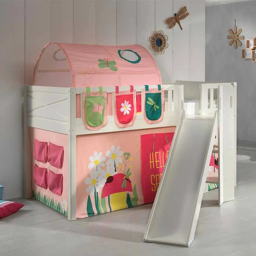Conjunto cama Infantil SCOTT + escorrega + cortina de brincar SPRING + Túnel + 3 bolsos de arrumação Branca