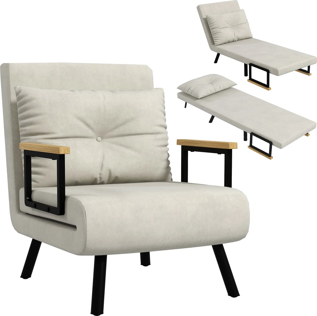 Poltrona convertível 4 em 1 63 L x 73 P x 81 A cm, cama individual, encosto com 5 posições, braços em madeira com almofada, tecido com efeito de velud