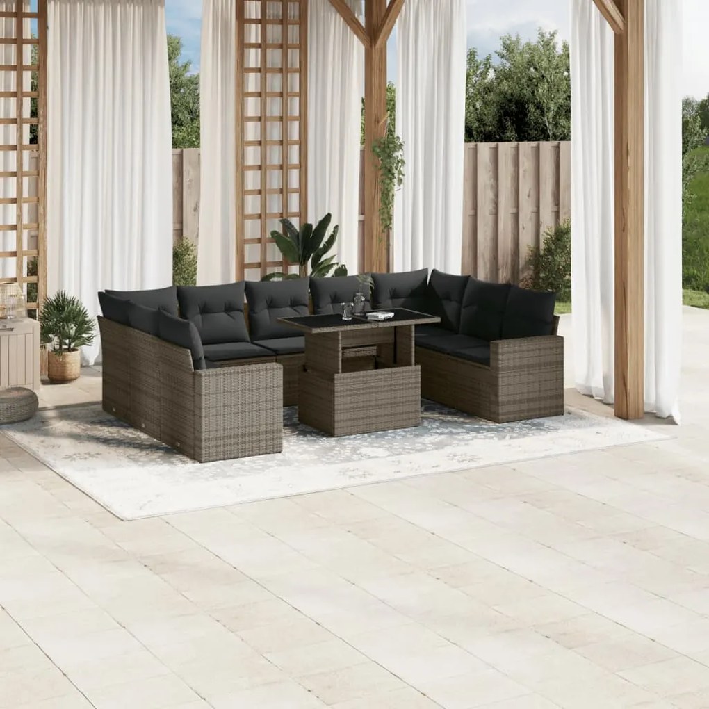 10 pcs conjunto sofás de jardim c/ almofadões vime PE cinzento