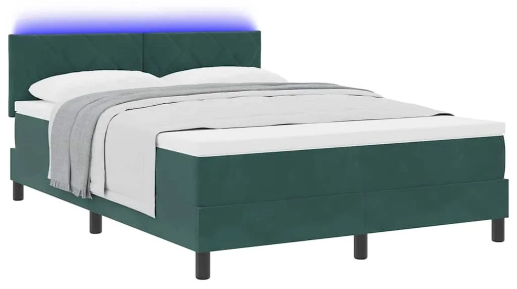 Cama Box Spring com Colchão e LED Verde Escuro 140x200 cm Veludo