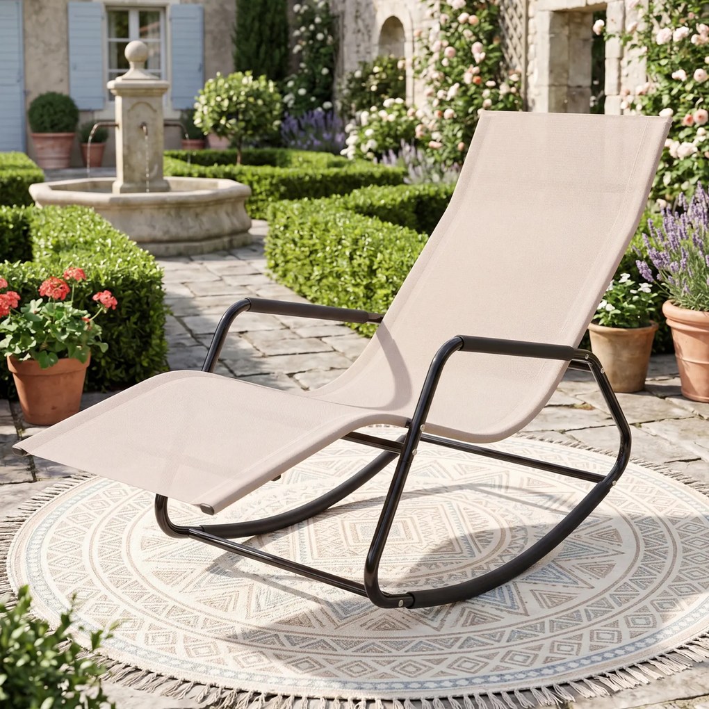 Cadeira baloiço com braços e Estrutura metálica – Poltrona de relaxamento para pátio ou terraço, bege