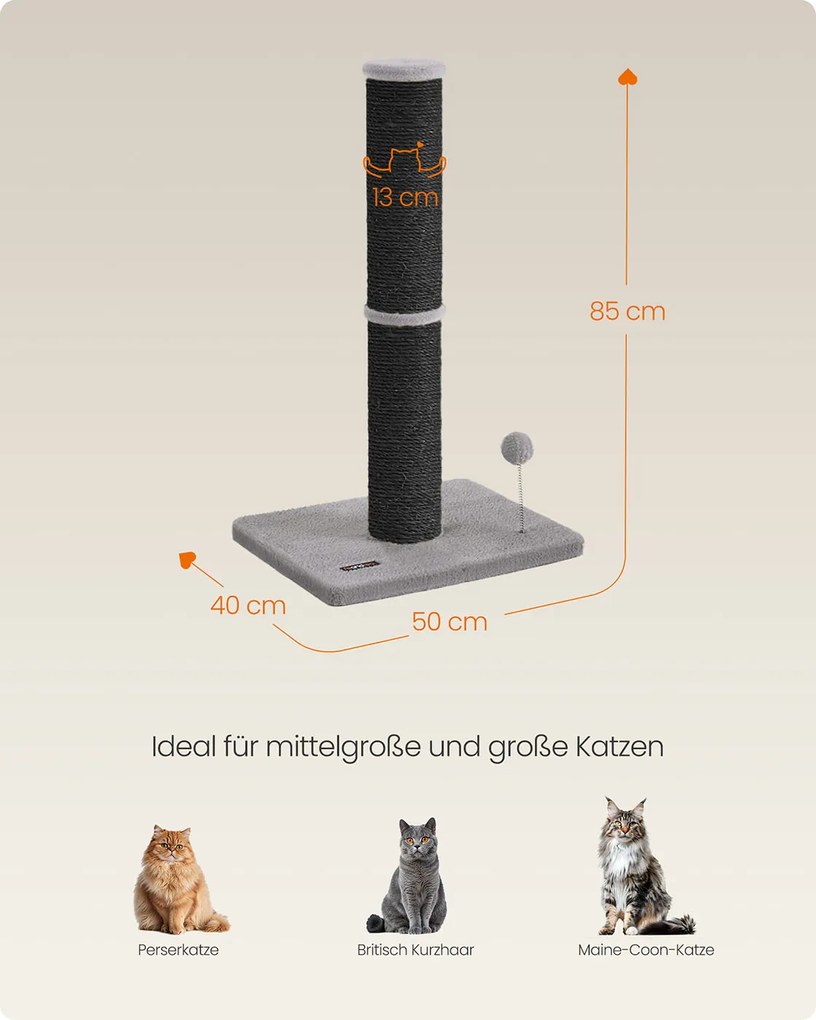 Arranhador para gatos com 85 cm de altura, bola de pelúcia e sino, preto