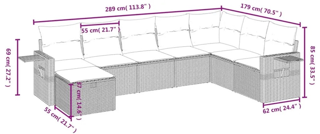 8 pcs conjunto sofás de jardim com almofadões vime PE preto