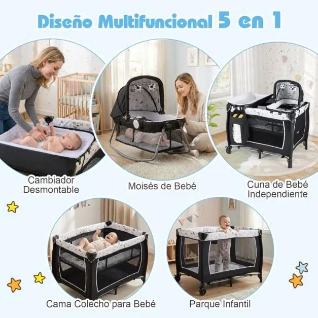 Berço com Centro de atividades 5 em 1 para bebés, parque e mesa para trocar fraldas. Inclui brinquedos suspensos, caixa de música, rodas e cesto. Pret