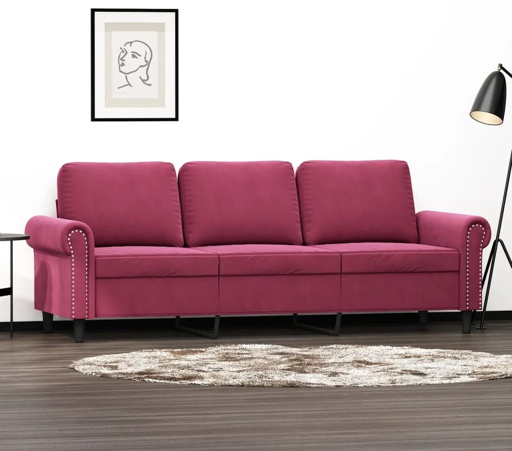 vidaXL Sofá de 3 lugares veludo 180 cm vermelho tinto