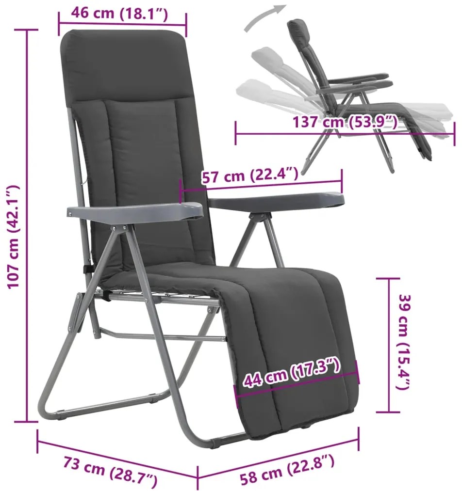 Cadeiras de jardim dobráveis com almofadões 2 pcs cinzento