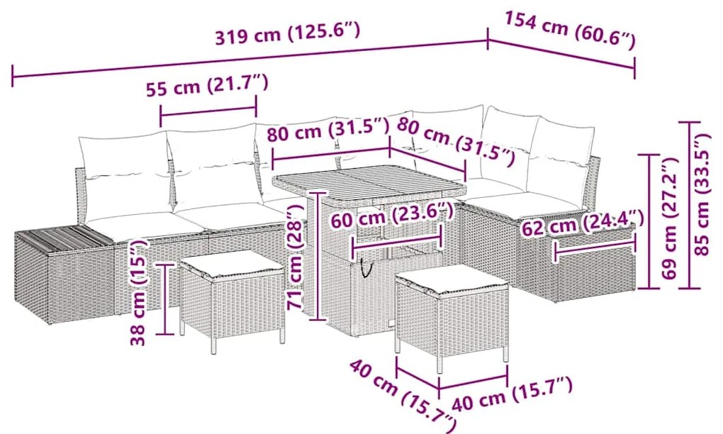 Conjunto de Sofá de Jardim 9 Peças com Almofadas Pretas, Rattan Políme