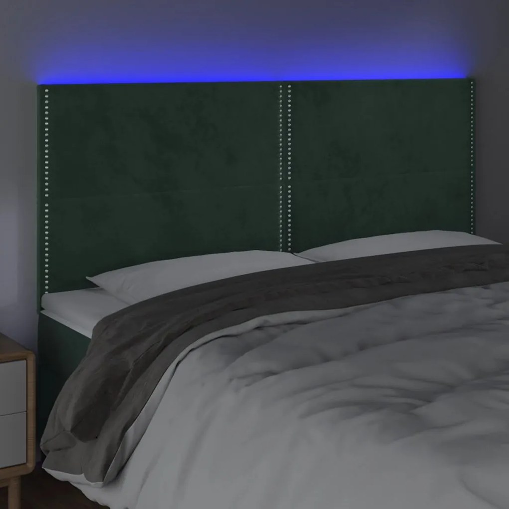 Cabeceira de cama c/ LED veludo 200x5x118/128 cm verde-escuro