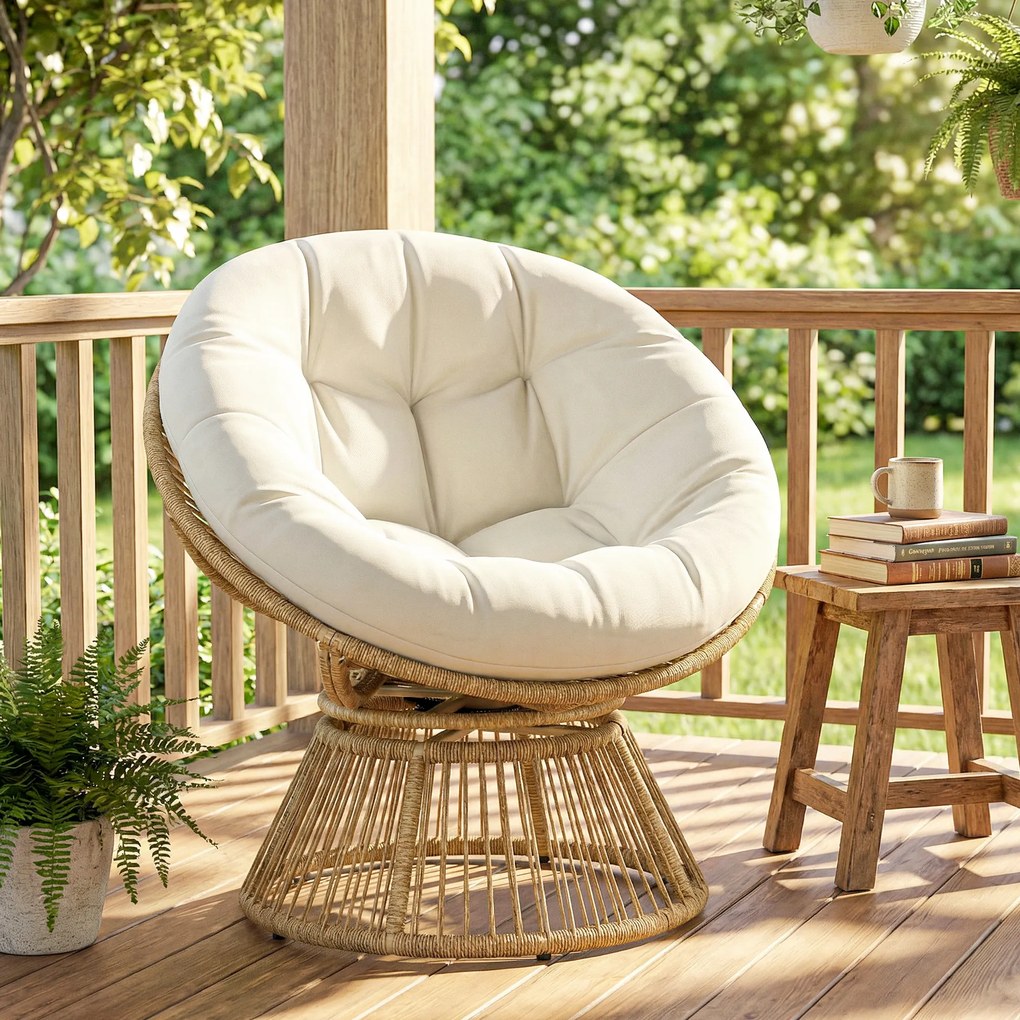 Cadeira Papasan giratória a 360° Cadeira de jardim em polirratão Almofada macia de 12 cm 93 x 81 x 87 cm Natural