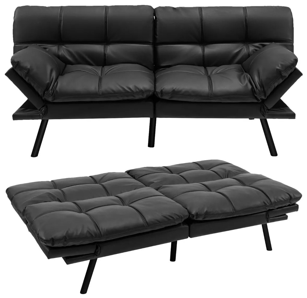 Sofá-cama dobrável de 3 lugares 182 x 87 x 82 cm PU Futon conversível de espuma viscoelástica com encosto e apoios de braços ajustáveis Preto