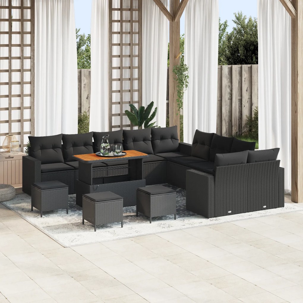 Conjunto de Sofá de Jardim vidaXL com Almofadas Preto Vime de Poliéste
