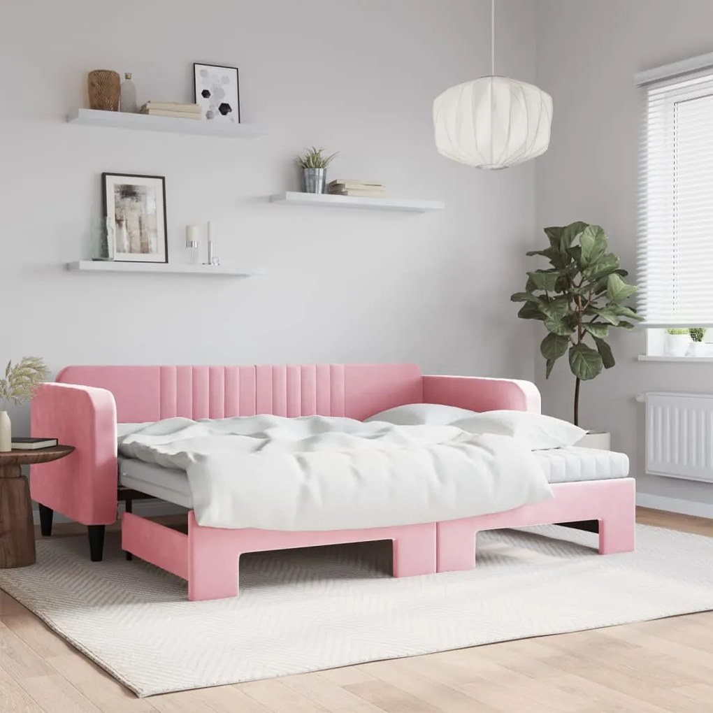 vidaXL Sofá-cama com gavetão e colchões 90x200 cm veludo rosa
