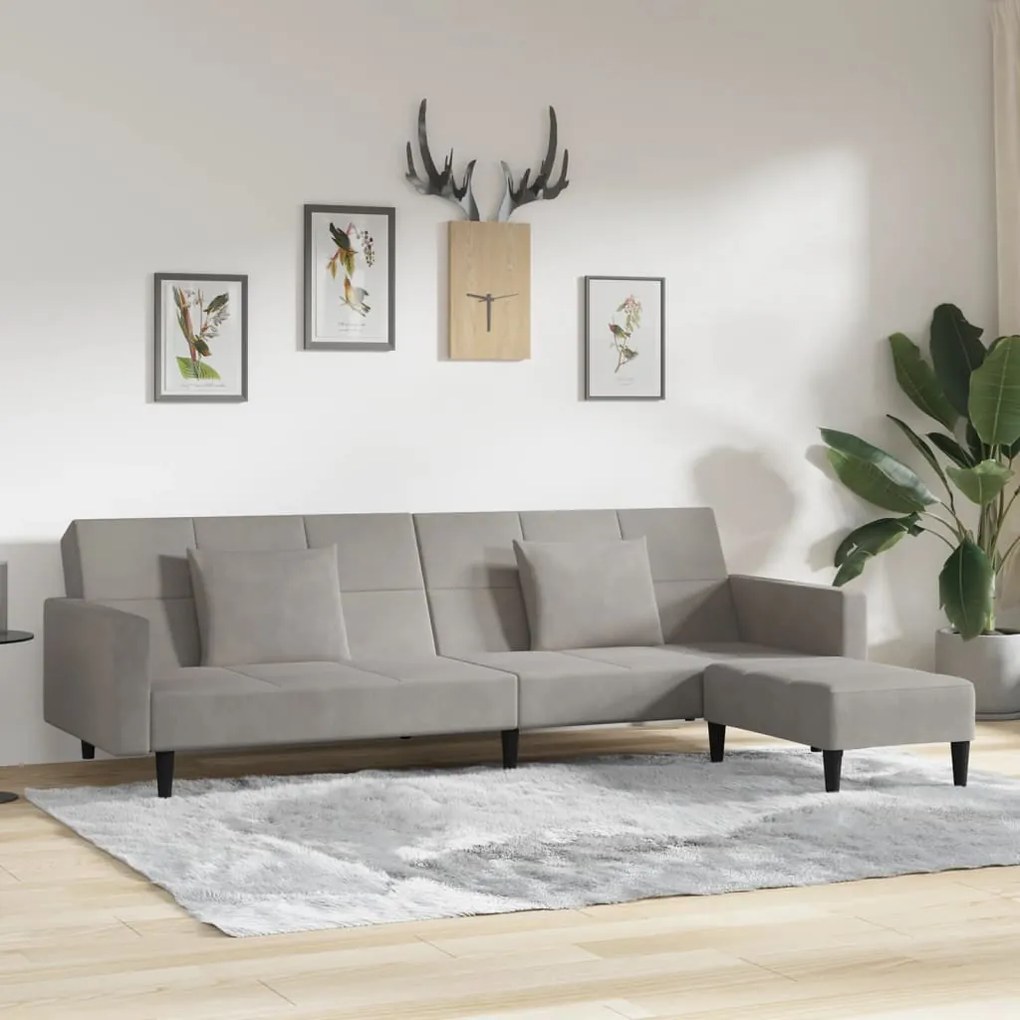 3080635 vidaXL Sofá-cama 2 lug. c/ 2 almofadas/apoio de pés veludo cinza-claro