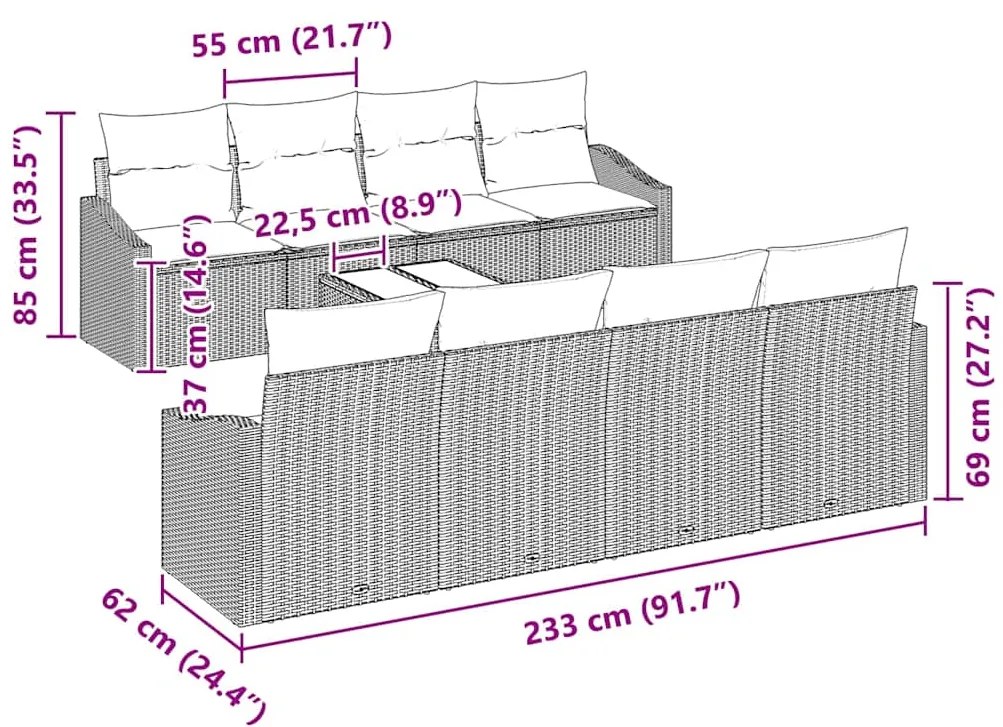 Conjunto de Sofá de Jardim de 9 Peças com Almofadas Preto Vime Poliést