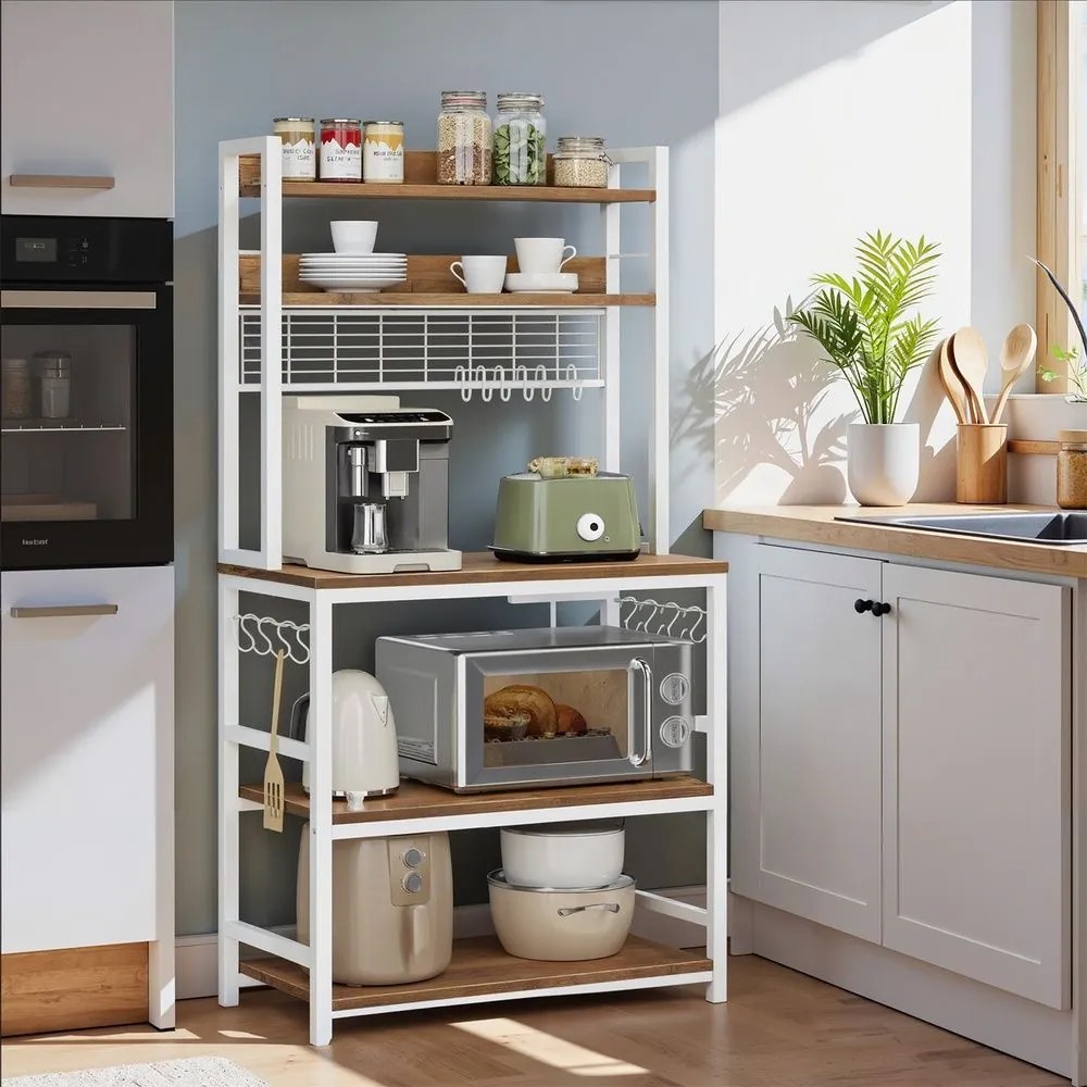 Estante de cozinha 40 x 80 x 170 cm com tomadas e prateleira de grade castanho-branco