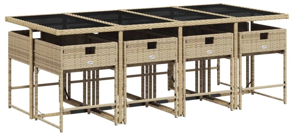 9 pcs conjunto de jantar p/ jardim com almofadões vime PE bege