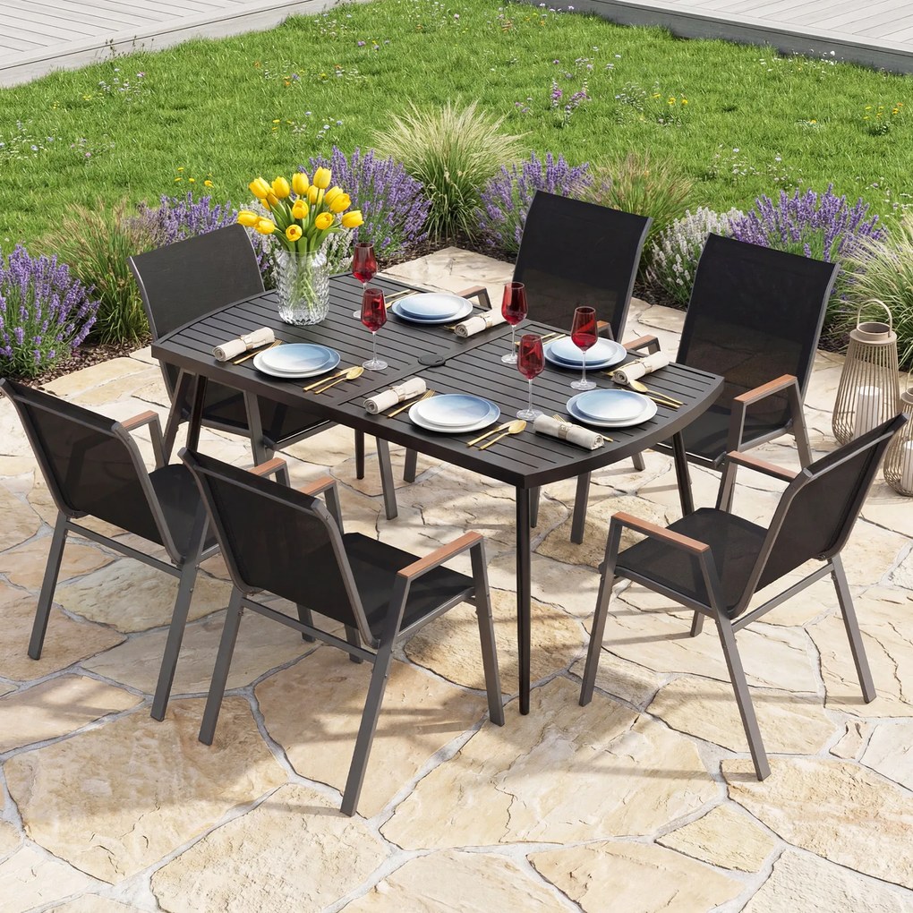 Mesa de jantar jardim retangular (CADEIRAS NÃO INCLUIDAS) 160 x 90 cm com orifício para guarda-sol de 4 cm, tampo com ripas metálicas, para pátio ou j
