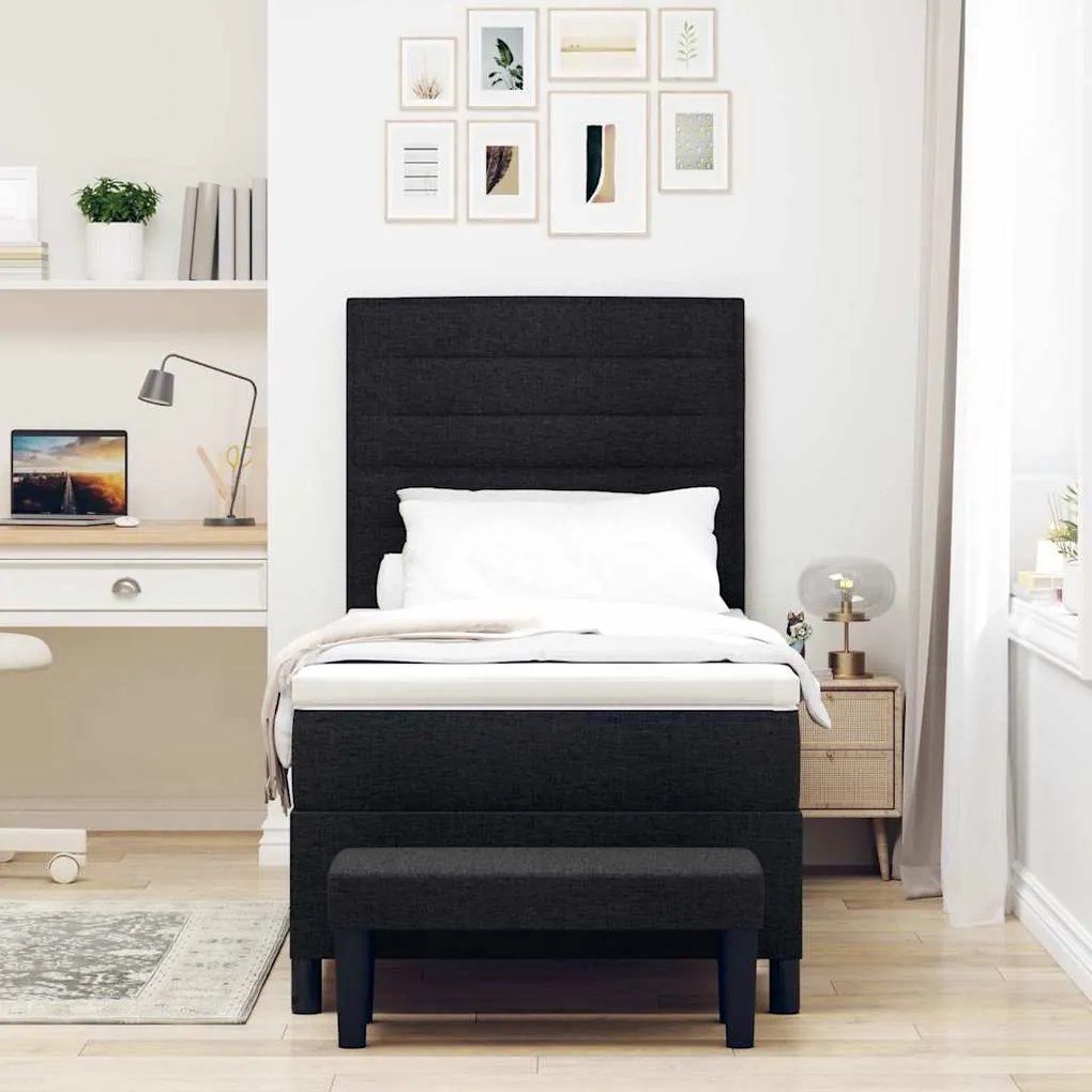 Cama Box Spring com Colchão e Banco Preto 80x200 cm Tecido