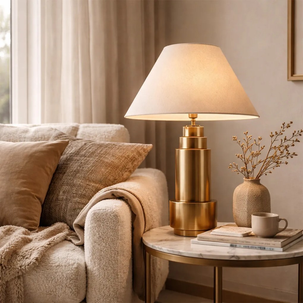 Candeeiro de mesa bronze com abajur em tecido bege 55 cm - Bruut