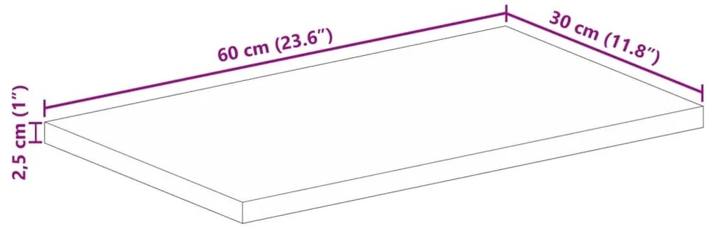 Tampo de mesa retangular 60x30x2,5 cm madeira recuperada maciça