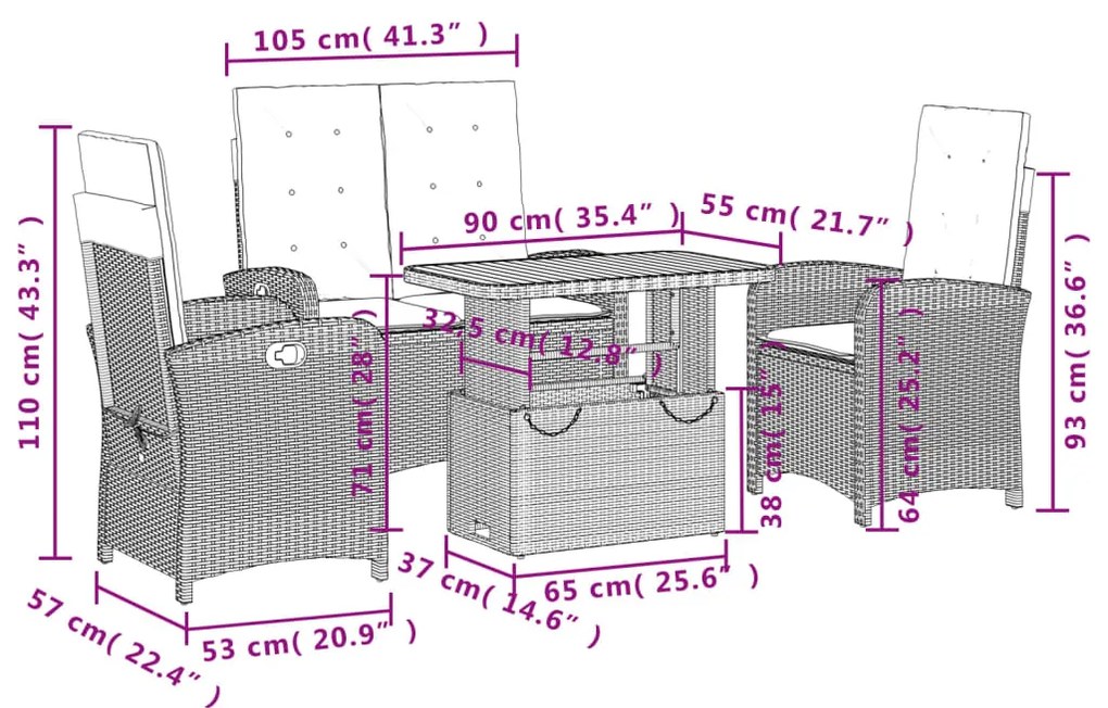 4 pcs conjunto de jantar p/ jardim c/ almofadões vime PE bege