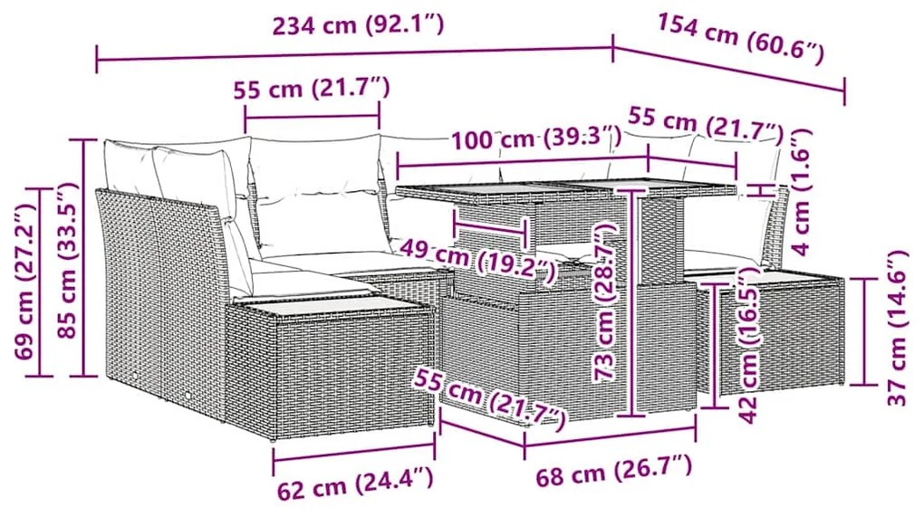 Conjunto de Jantar de Jardim com 7 Peças e Almofadas Bege em Rattan