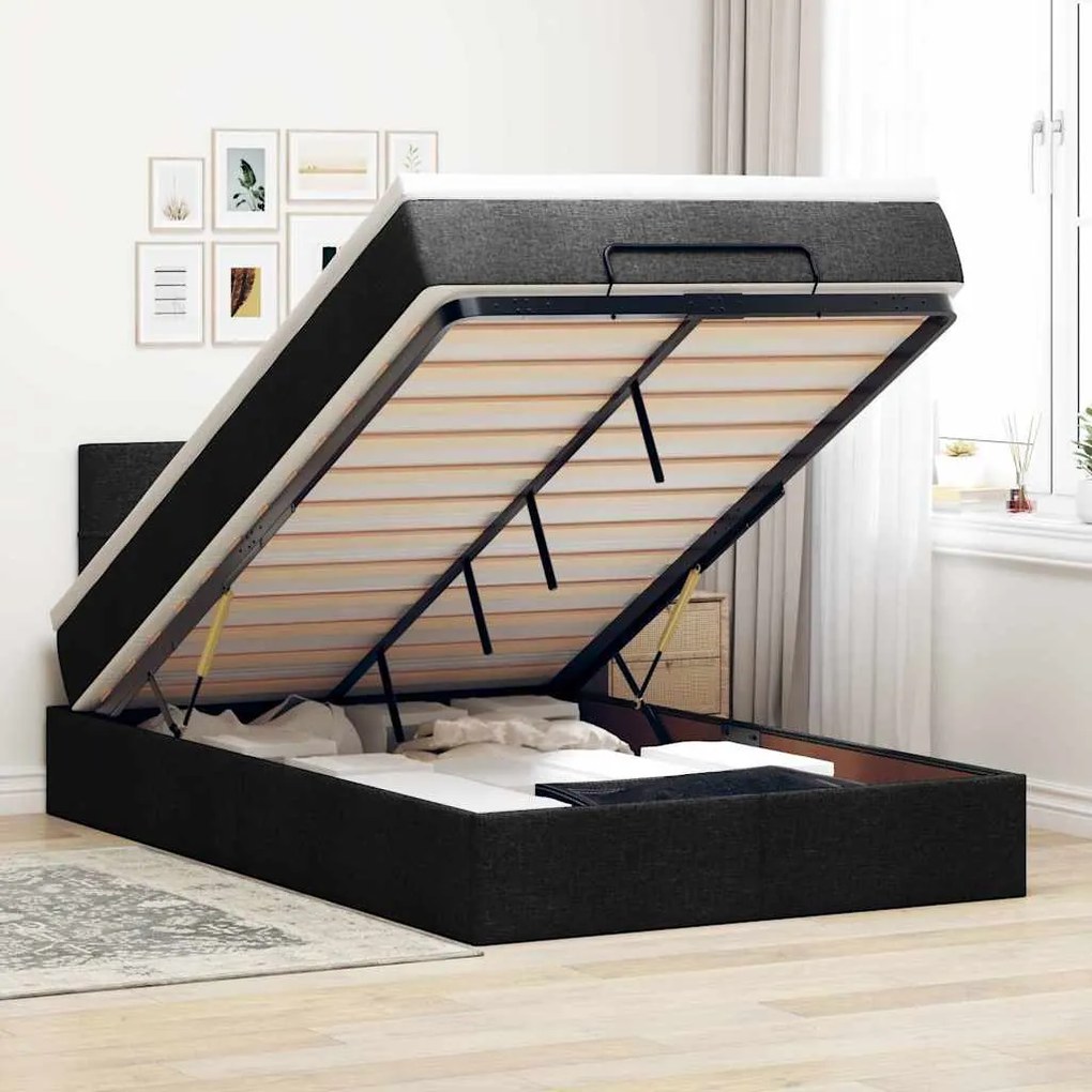 Cama otomana com colchão & LEDs 120x190 cm tecido preto