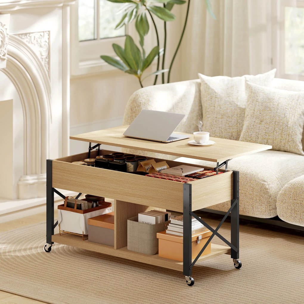 Mesa de Centro Elevatória com Rodas Compartimento Oculto e Prateleiras Abertas 105x50x67 cm Madeira e preto