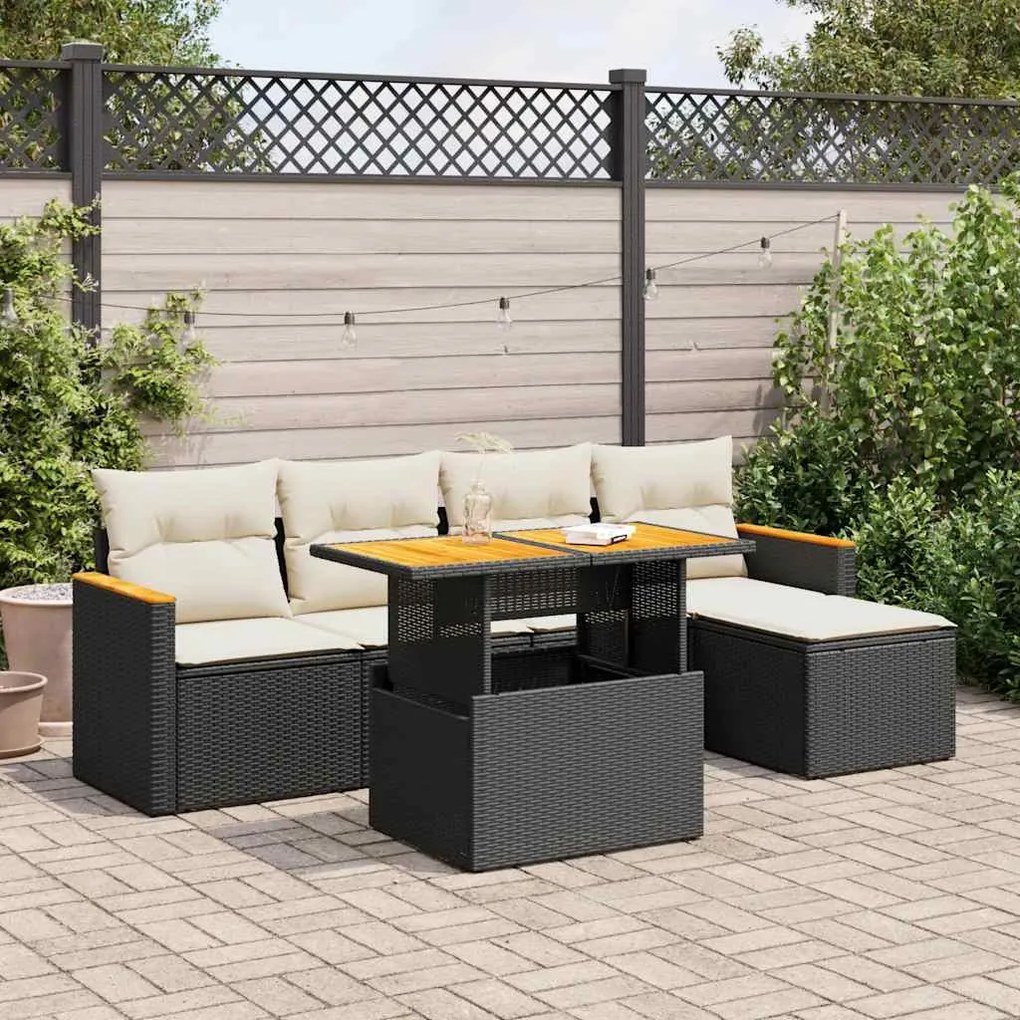 vidaXL 6 pcs conjunto sofás jardim c/ almofadões vime PE/acácia preto