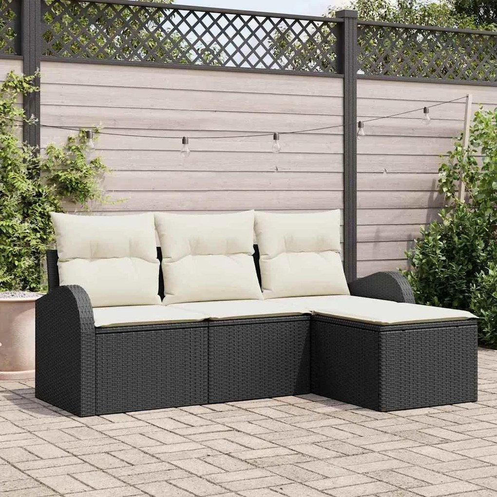 vidaXL Sofá de Jardim em 4 Peças com Almofadas, Preto, Rattan Sintético
