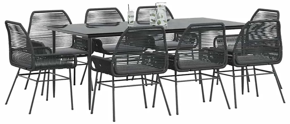 vidaXL Conjunto de jantar jardim 9 peças almofadas vidro vime PE preto