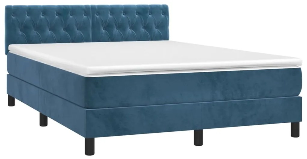 Cama box spring c/ colchão/LED 140x200 cm veludo azul-escuro