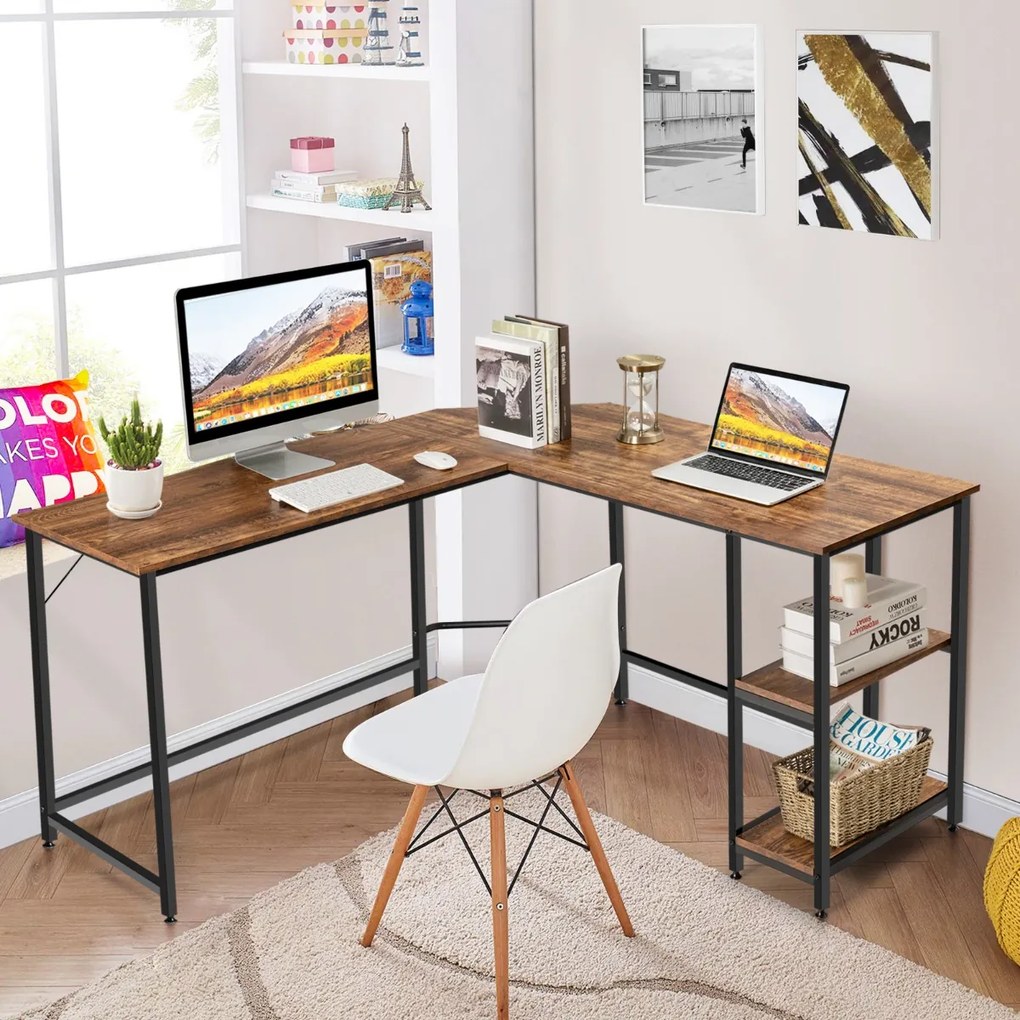 Mesa em formato de L com prateleira de armazenamento de 2 níveis para casa - Preto