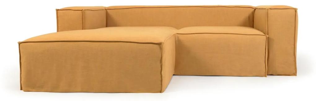 Kave Home - Sofá capa removível Blok de 2 lugares com chaise longue esquerda de linho mostarda 240 cm