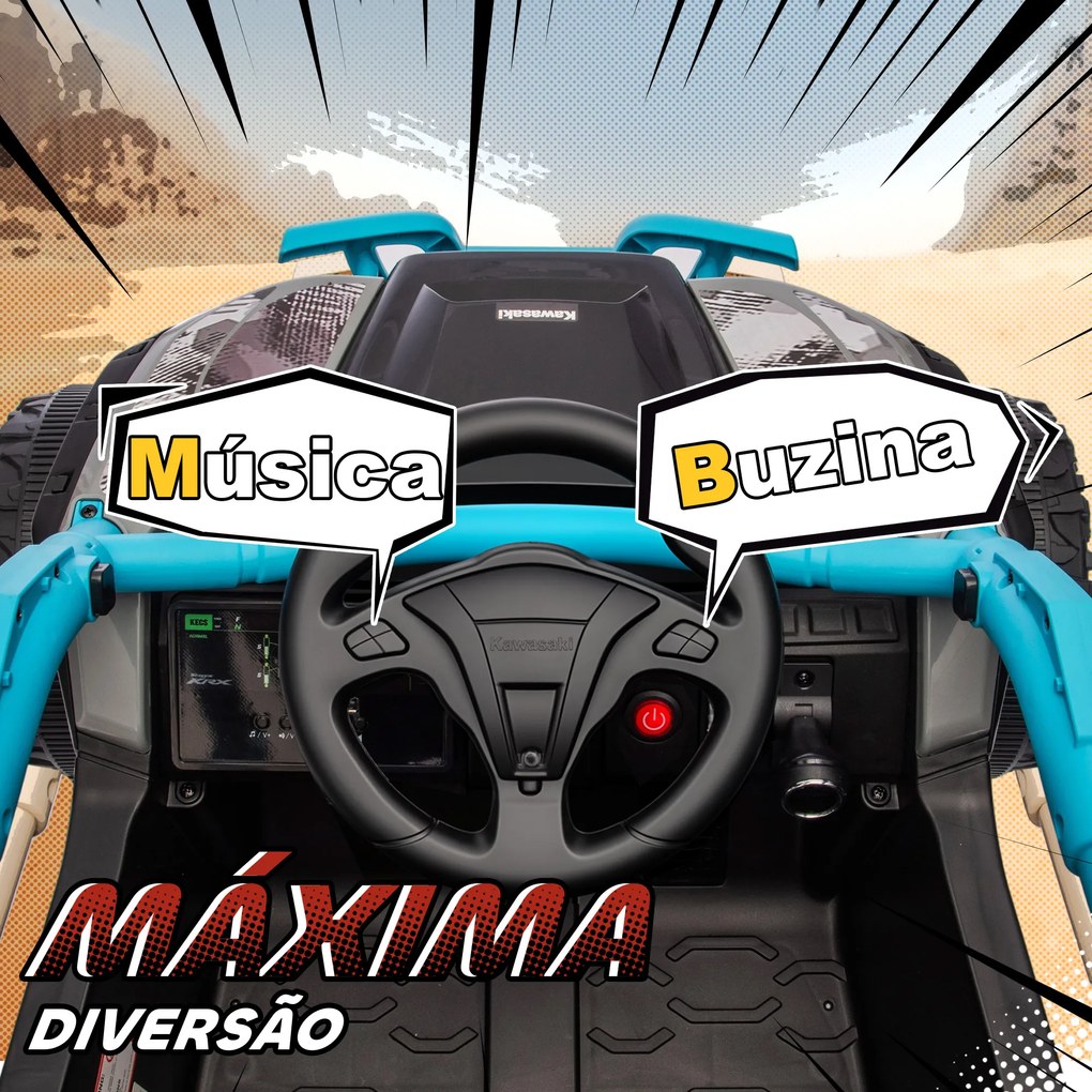 Carro Elétrico para Crianças 12V Kawasaki Teryx KRX 1000 com 2 Motores Faróis e USB 100x64x56 cm Azul