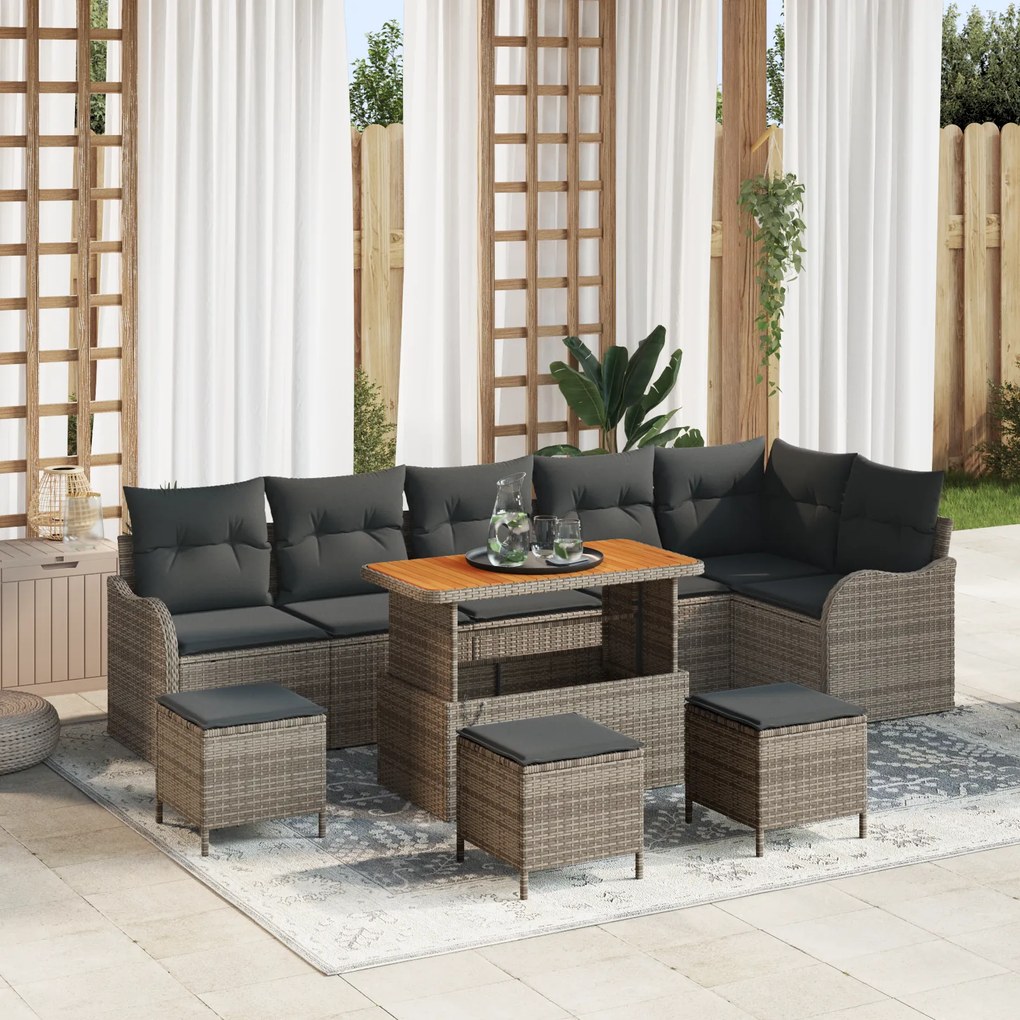 Conjunto de Sofá para Jardim vidaXL com Almofadas Cinza Poliratan Acác