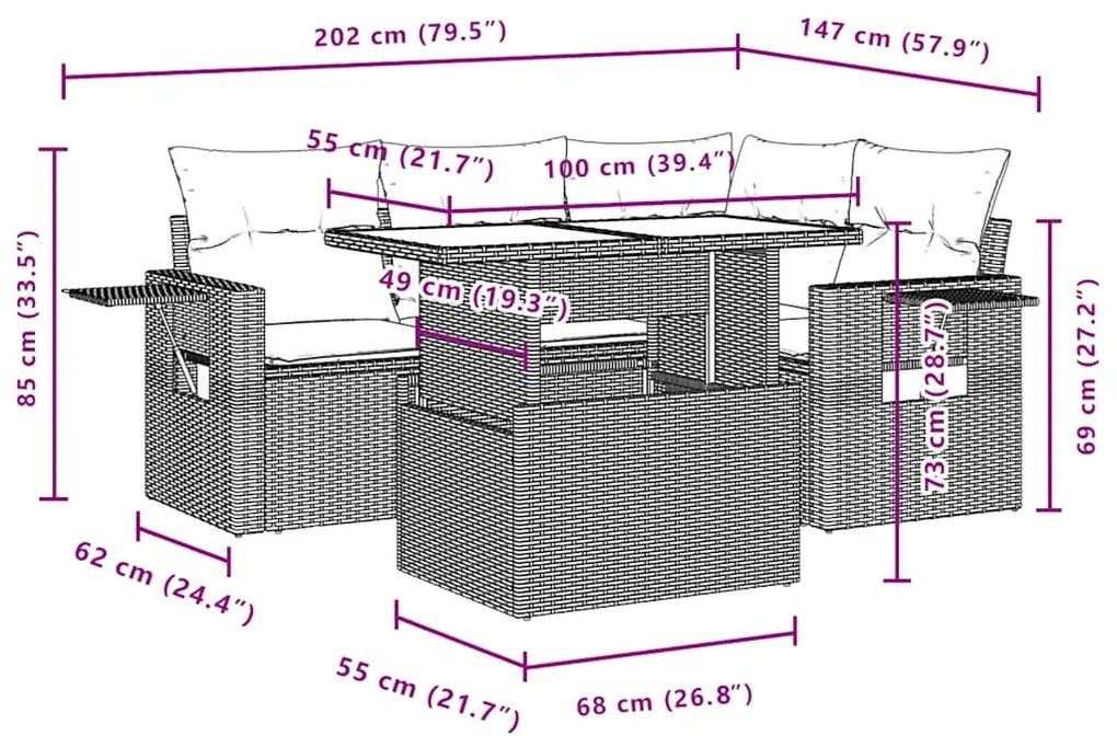 5 pcs conjunto sofás de jardim com almofadões vime PE preto