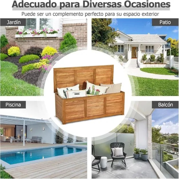 Baú de armazenamento exterior em madeira de acácia 120 x 45 x 45 cm com capacidade para 178 l, carga de 150 kg, para jardim ou pátio,, natural