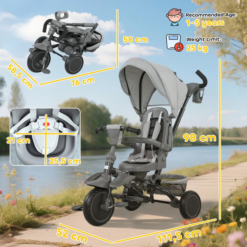 Triciclo Evolutivo 6 em 1 Dobrável Assento Giratório de 360° Guidão Parental Encosto Reclinável Toldo 111,5x52x98 cm Cinza