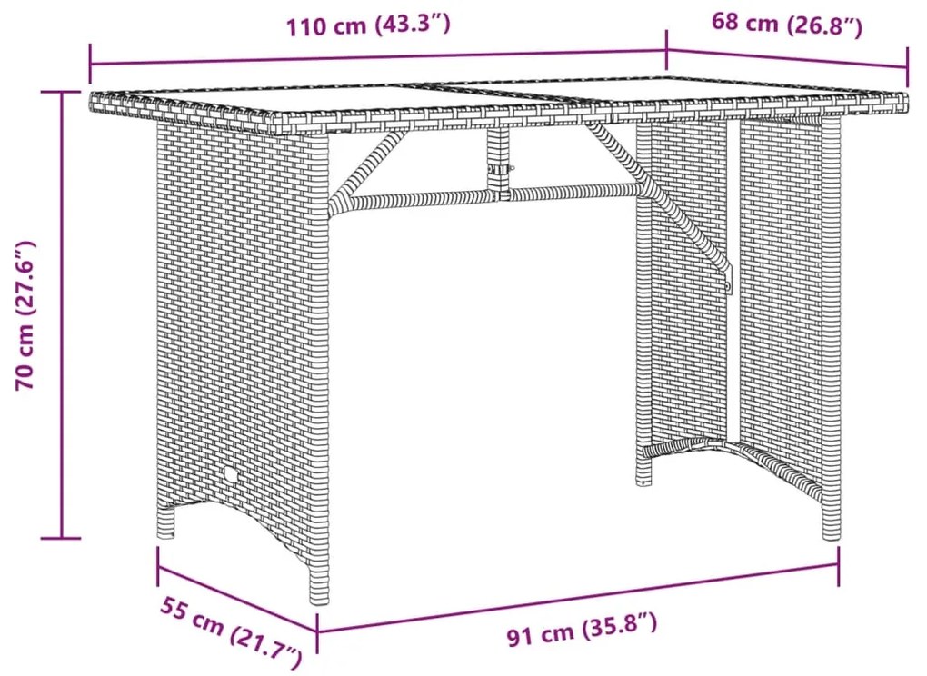 Mesa de jardim com tampo de vidro 110x68x70 cm vime PE preto