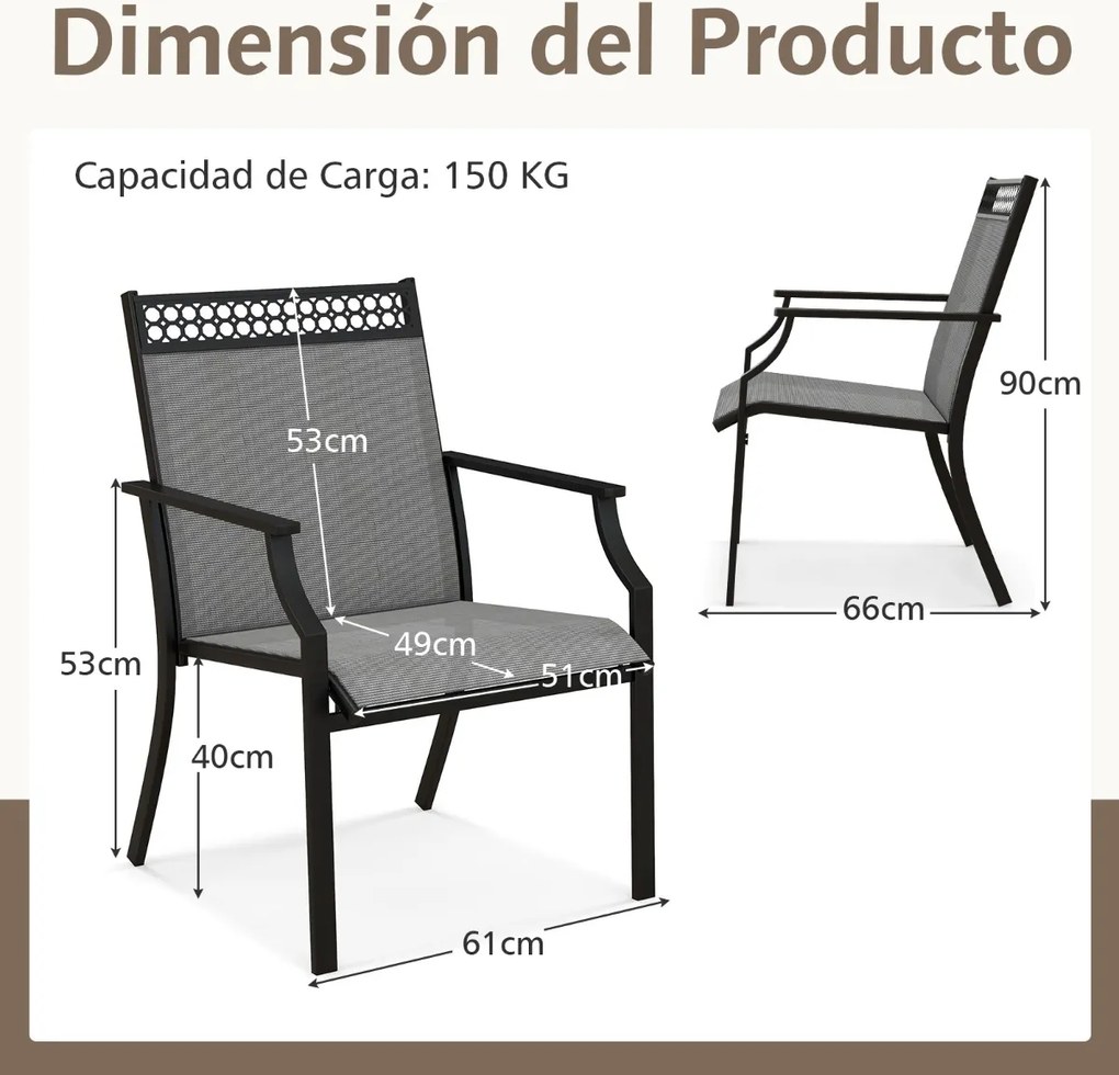 Conjunto de 2 cadeiras de jardim em tecido Textilene com estrutura em metal, encosto alto e braços, tecido de secagem rápida, carga máxima 150 kg, 66