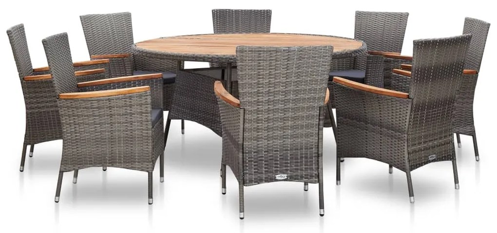vidaXL 9 pcs conjunto jantar p/ jardim vime PE madeira acácia cinzento