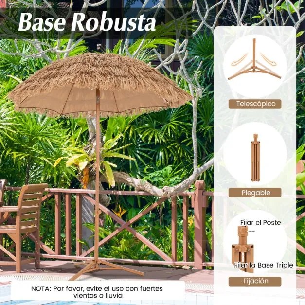 Guarda-sol jardim Tiki de 200 CM estilo havaiano com base 3 pernas dobráveis com botão de inclinação portátil Natural