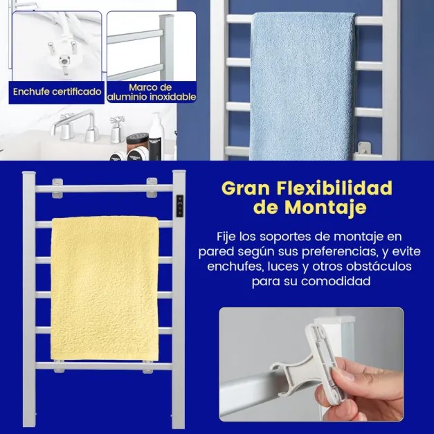 Aquecedor de toalhas 2 em 1 com 6 barras, com ecrã temporizador de instalação livre/montado na parede e controlo constante da temperatura Prata