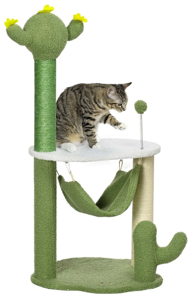 PawHut Árvore Arranhador para Gatos com Forma de Cacto com Rede Plataforma Postes de Sisal e Bola Divertida 45x45x90cm Verde