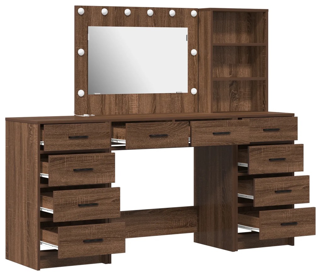 Conjunto de Mesa de Maquilhagem de 3 Peças com LED em Madeira de Carva